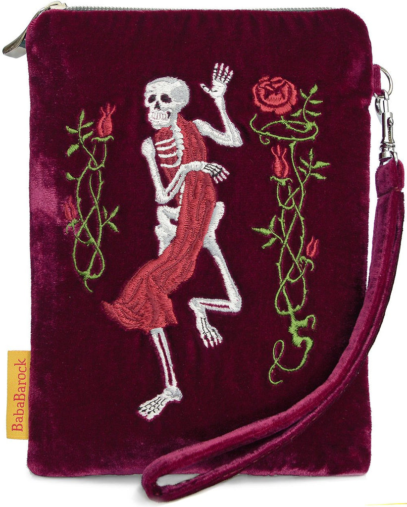 pouch, embroidered, gothic, silk velvet, skeleton, tarot bag, wristlet
