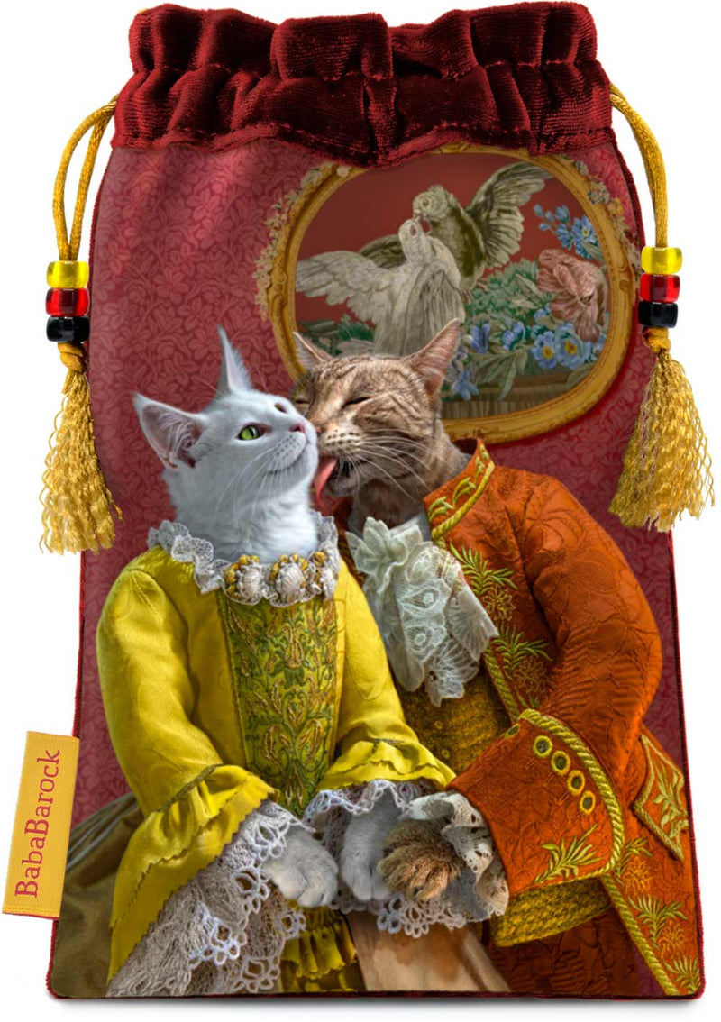The Bohemian Cats Theatre Tarot, The Lovers - drawstring bag in wine red silk velvet