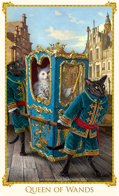 The Queen of Wands from The Bohemian Cats Theatre Tarot, our new cat tarot