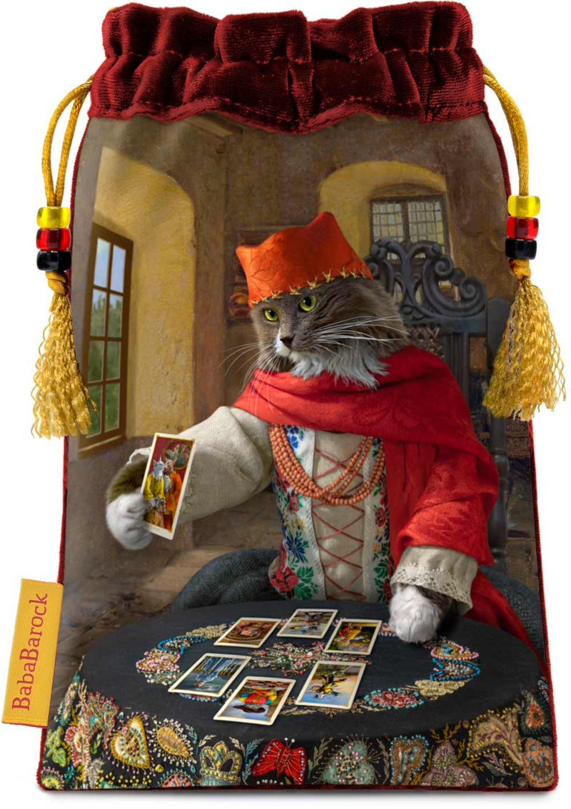 The Bohemian Cats Theatre Tarot, Wheel of Fortune - bag in wine red silk velvet