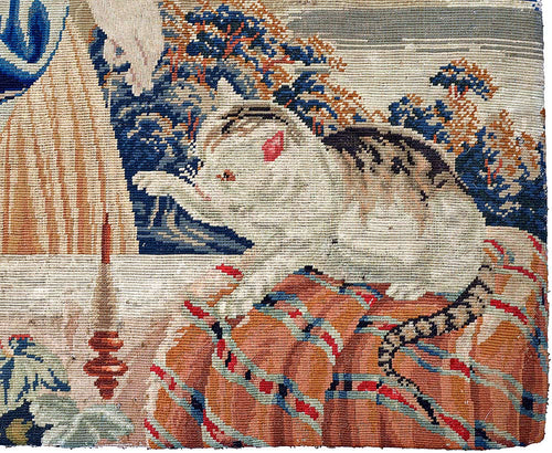 Antique fine needlework/tapestry with cat.
