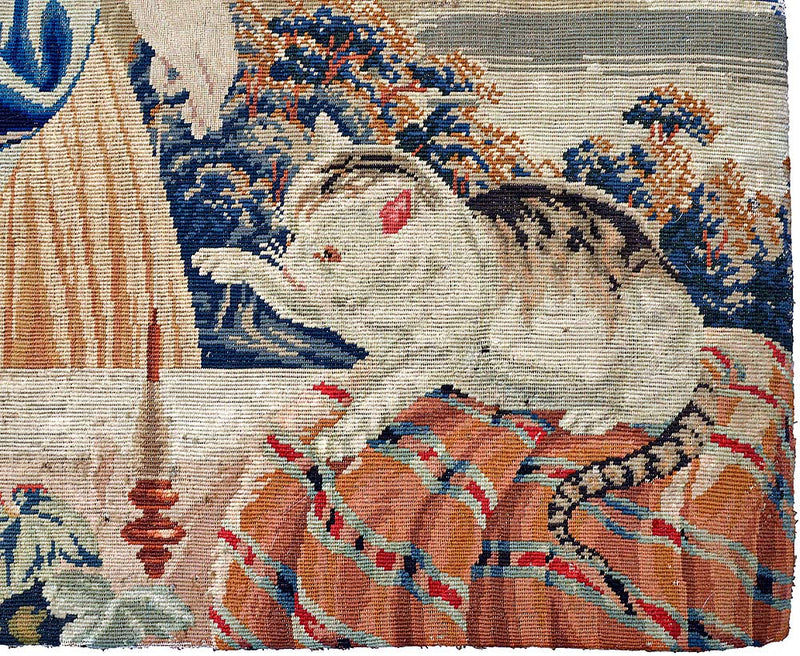 Antique fine needlework/tapestry with cat.