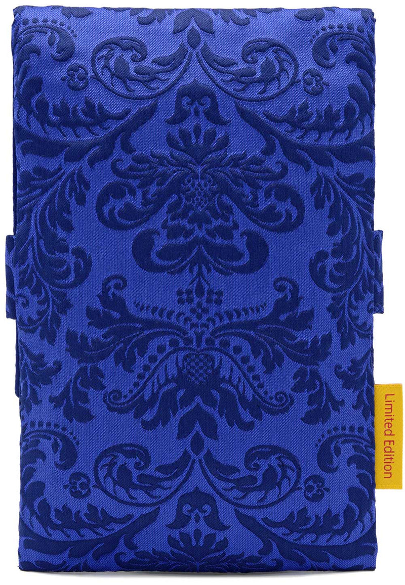 Bohemian Cats foldover pouch in English silk brocade in royal blue. Large-format size.