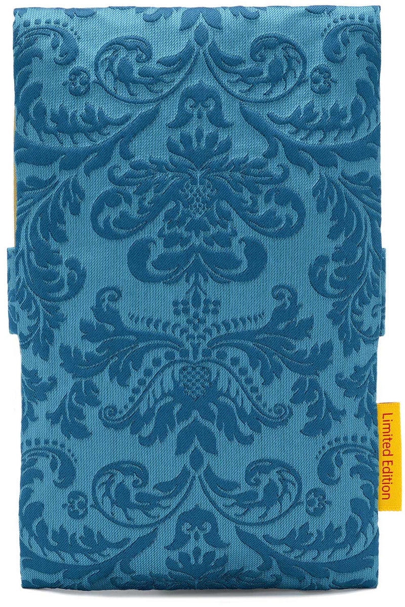 Bohemian Cats foldover pouch in English silk brocade in teal. Large-format size.