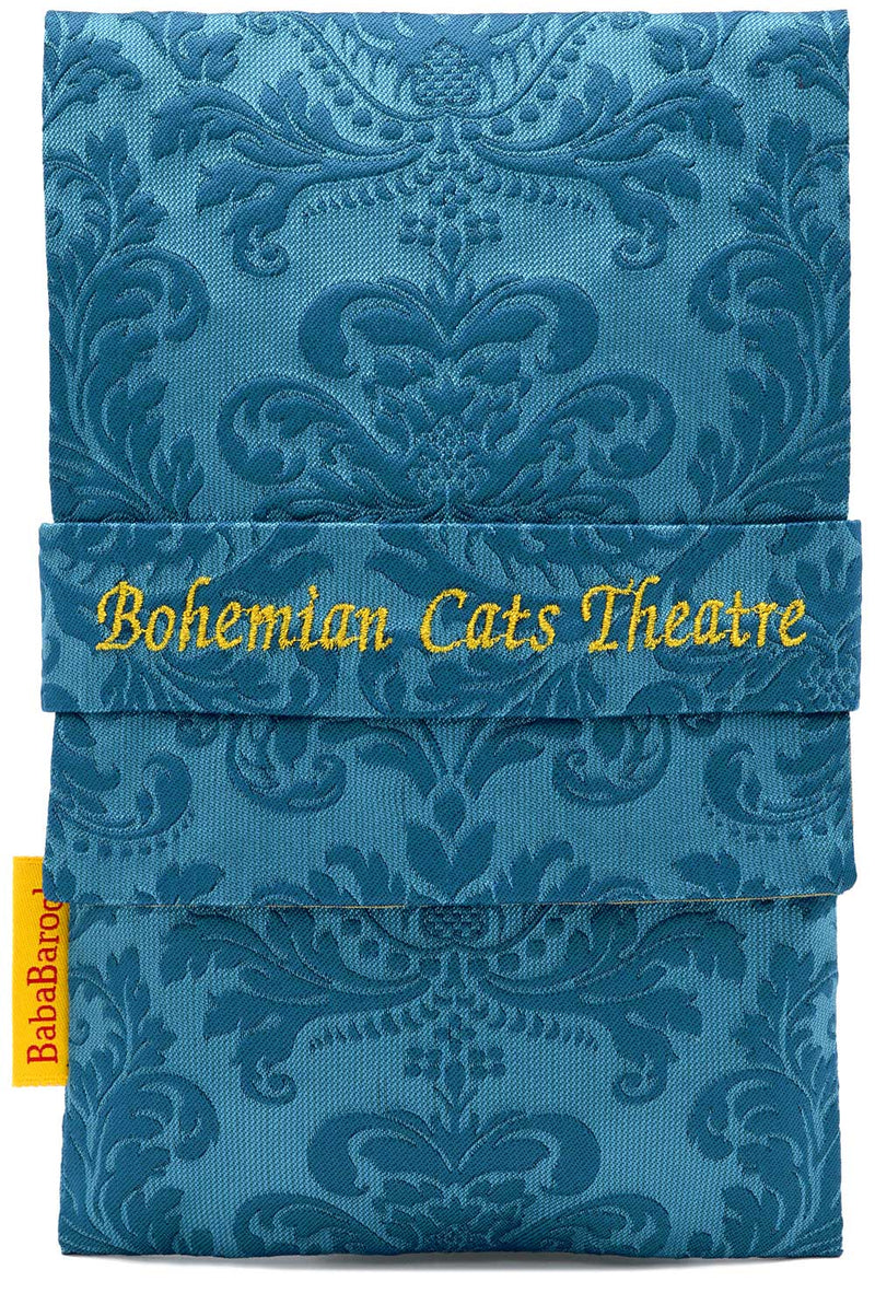 Bohemian Cats foldover pouch in English silk brocade in teal. Large-format size.