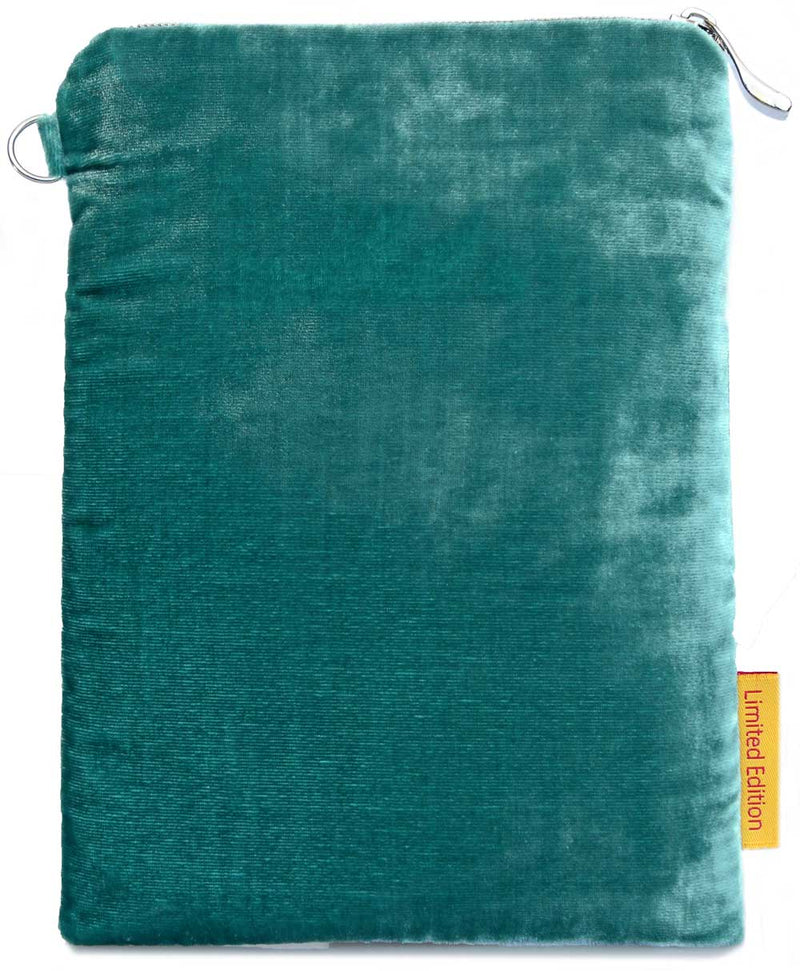 "I'm Late!" - White Rabbit silk velvet embroidered wristlet. Blue teal.