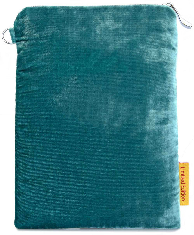 "I'm Late!" - White Rabbit silk velvet embroidered wristlet. Blue teal.