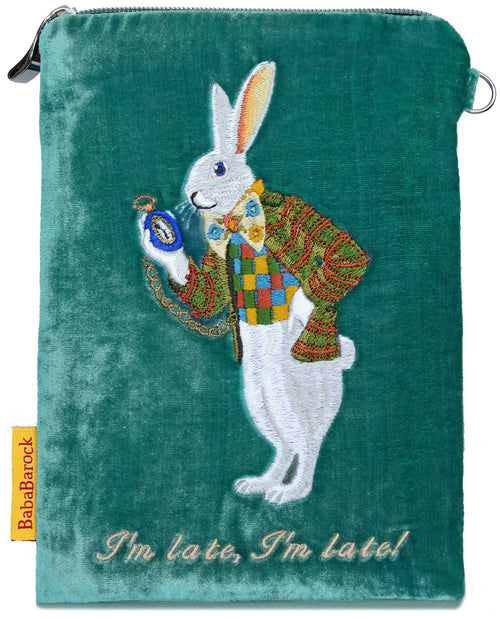 "I'm Late!" - White Rabbit silk velvet embroidered wristlet. Blue teal.
