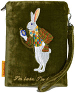 "I'm Late!" - White Rabbit silk velvet embroidered wristlet. Green.
