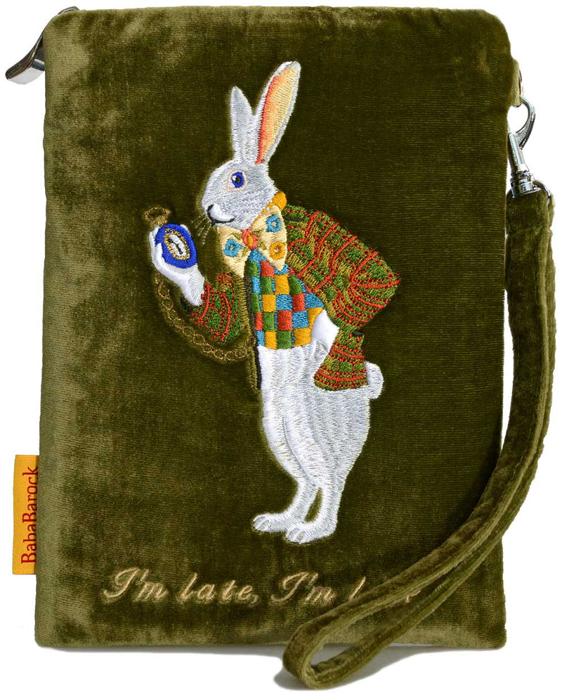 "I'm Late!" - White Rabbit silk velvet embroidered wristlet. Green.