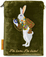 "I'm Late!" - White Rabbit silk velvet embroidered wristlet. Green.