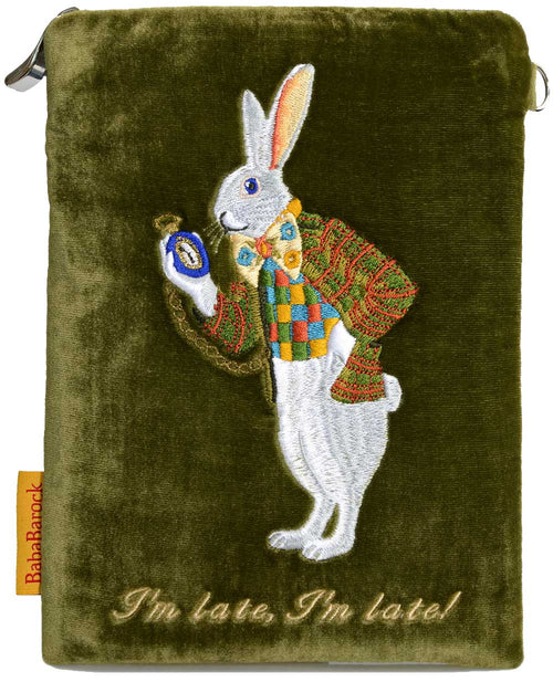 "I'm Late!" - White Rabbit silk velvet embroidered wristlet. Green.