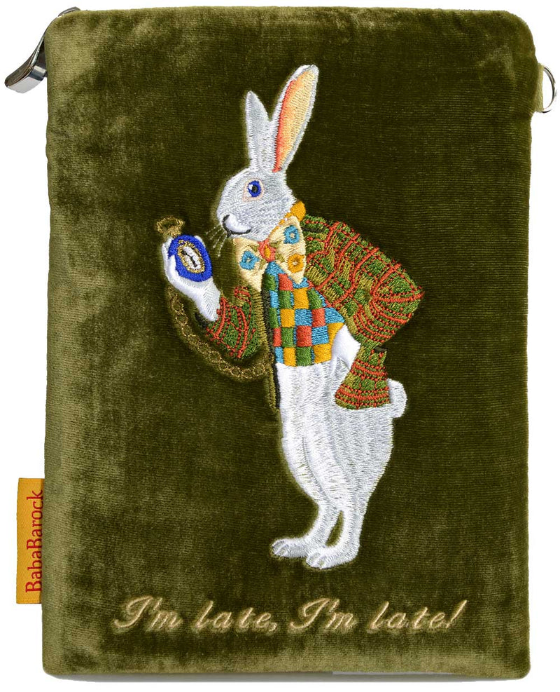 "I'm Late!" - White Rabbit silk velvet embroidered wristlet. Green.