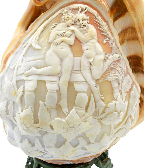 devil or satyr and woman carved shell lamp