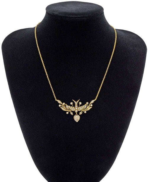 Antique 15K gold and seed pearl swallow and heart lavaliere necklace pendant