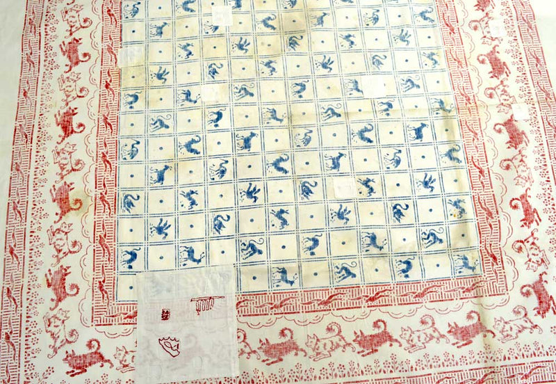 Large vintage / antique folk cotton textile cloth. Charming animal print.