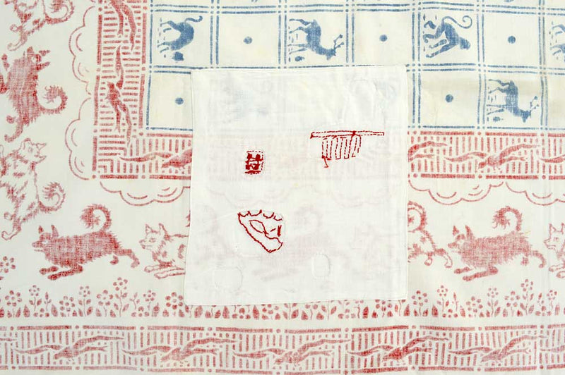 Large vintage / antique folk cotton textile cloth. Charming animal print.