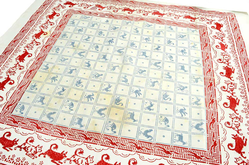 Large vintage / antique folk cotton textile cloth. Charming animal print.