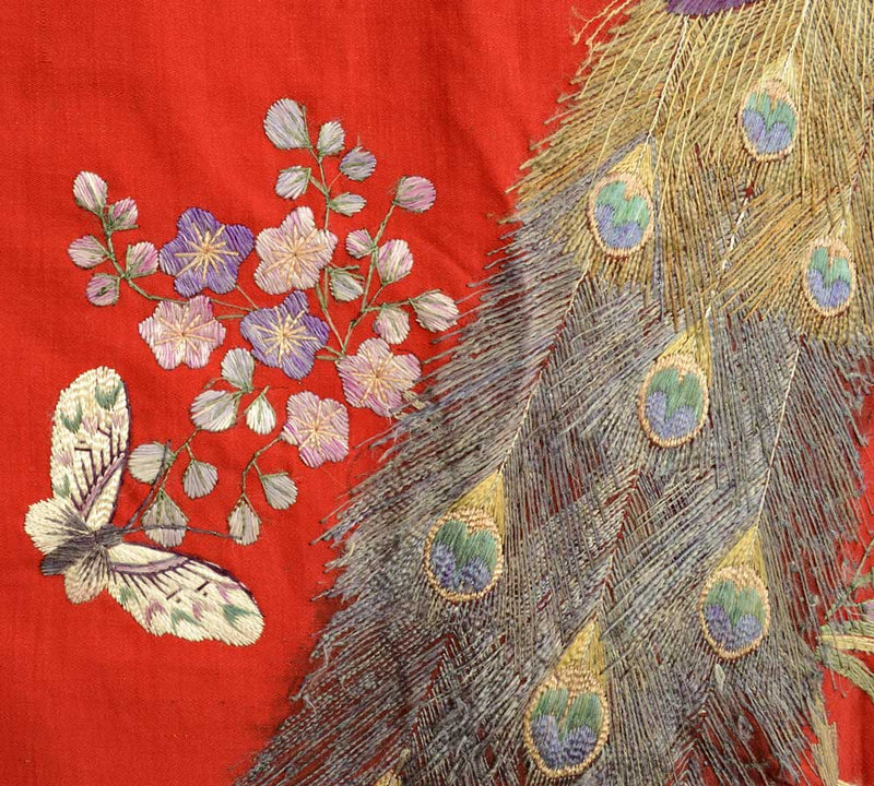 Very large antique embroidered hanging peacocks & bamboo.
