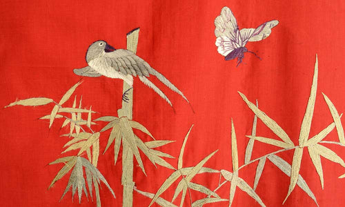 Very large antique embroidered hanging peacocks & bamboo.