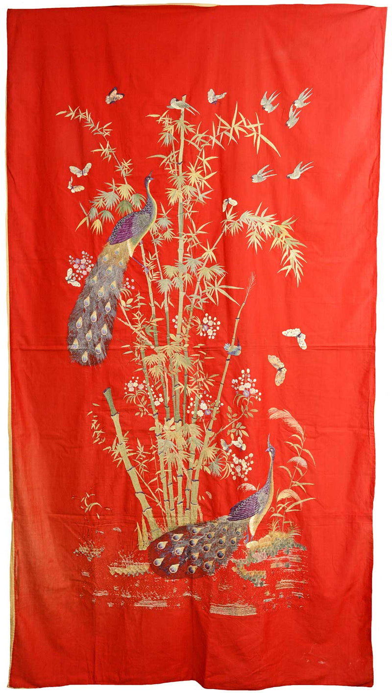 Antique Chinese embroidered hanging. Peacocks.