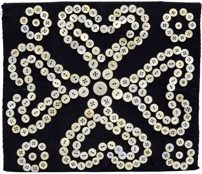 Textile artwork with mother of pearl buttons in pattern, antique textile piece