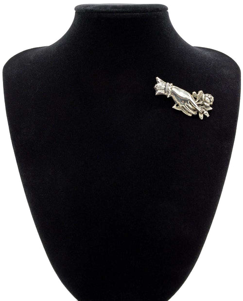 Vintage silver brooch - hand holding rose