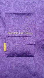 Bohemian Cats foldover pouch in English silk brocade in royal blue. Large-format size.