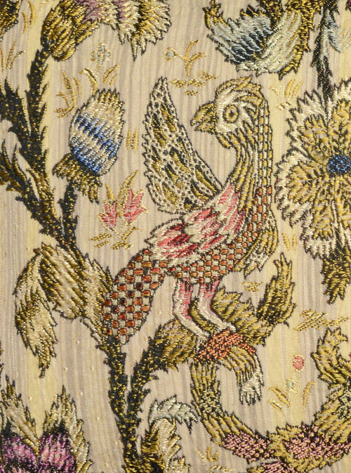 antique fabric, bird fabric, parrots, silk brocade, silk, pillow, velvet