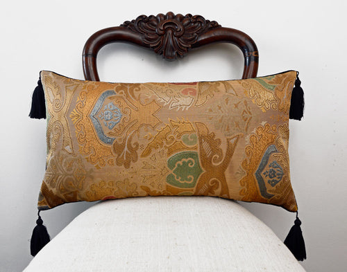 kimono cushion, japanese obi, silk, vintage fabric, gold cushion, pillow, metallics, decorative pillow, tassels