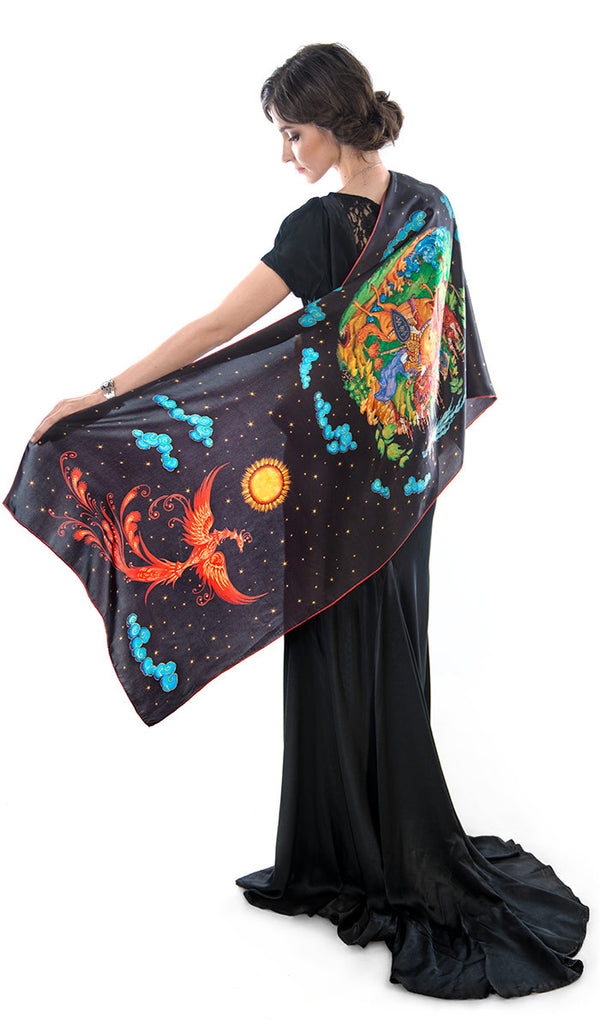 The Firebird, pure silk-satin scarf/wrap. - Baba Store - 1