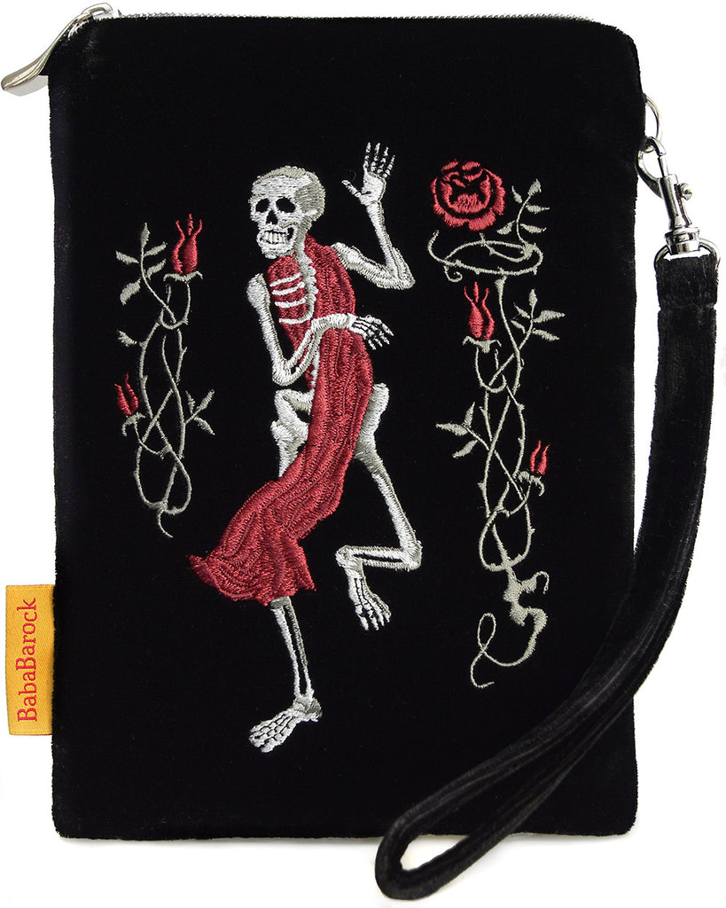 Gothic, dancing skeleton, tarot pouch, embroidery, death card, tarot, Etteilla, wristlet, memento mori, embroidered, handmade