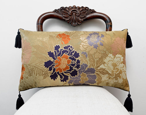 kimono cushion, japanese obi, vintage silk, vintage fabric, gold cushion, upcycled, handmade pillow, indigo, metallics, decorative pillow, tassels